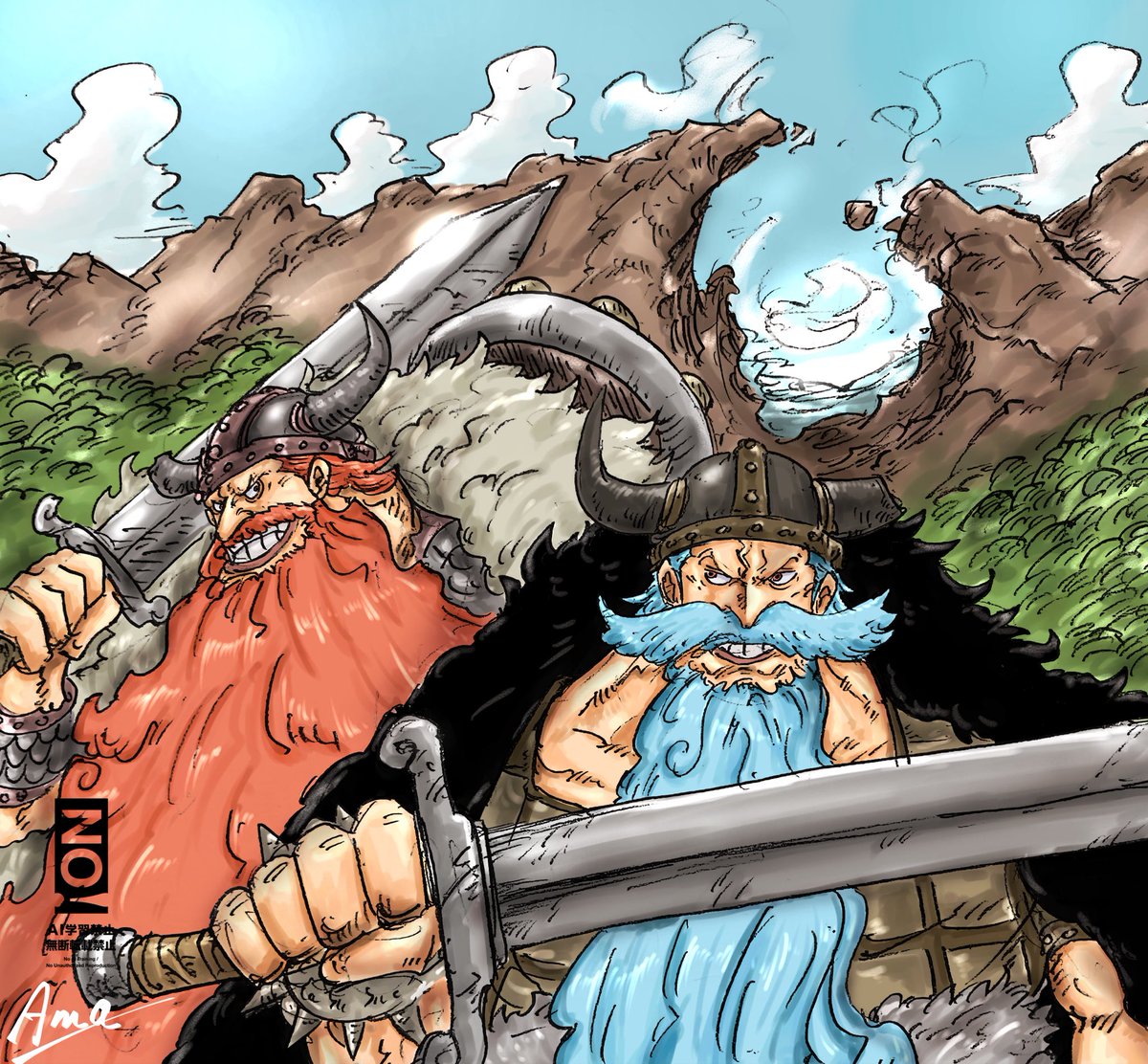 300年前この海で最強だった滝ひげのヨルルと山ひげのヤルルを描いてみました！
完全に妄想です。伝説エピソードを聞くとあっという間に魅了されます🤩

#ONEPIECE #fanart #今週のワンピ　#妄想