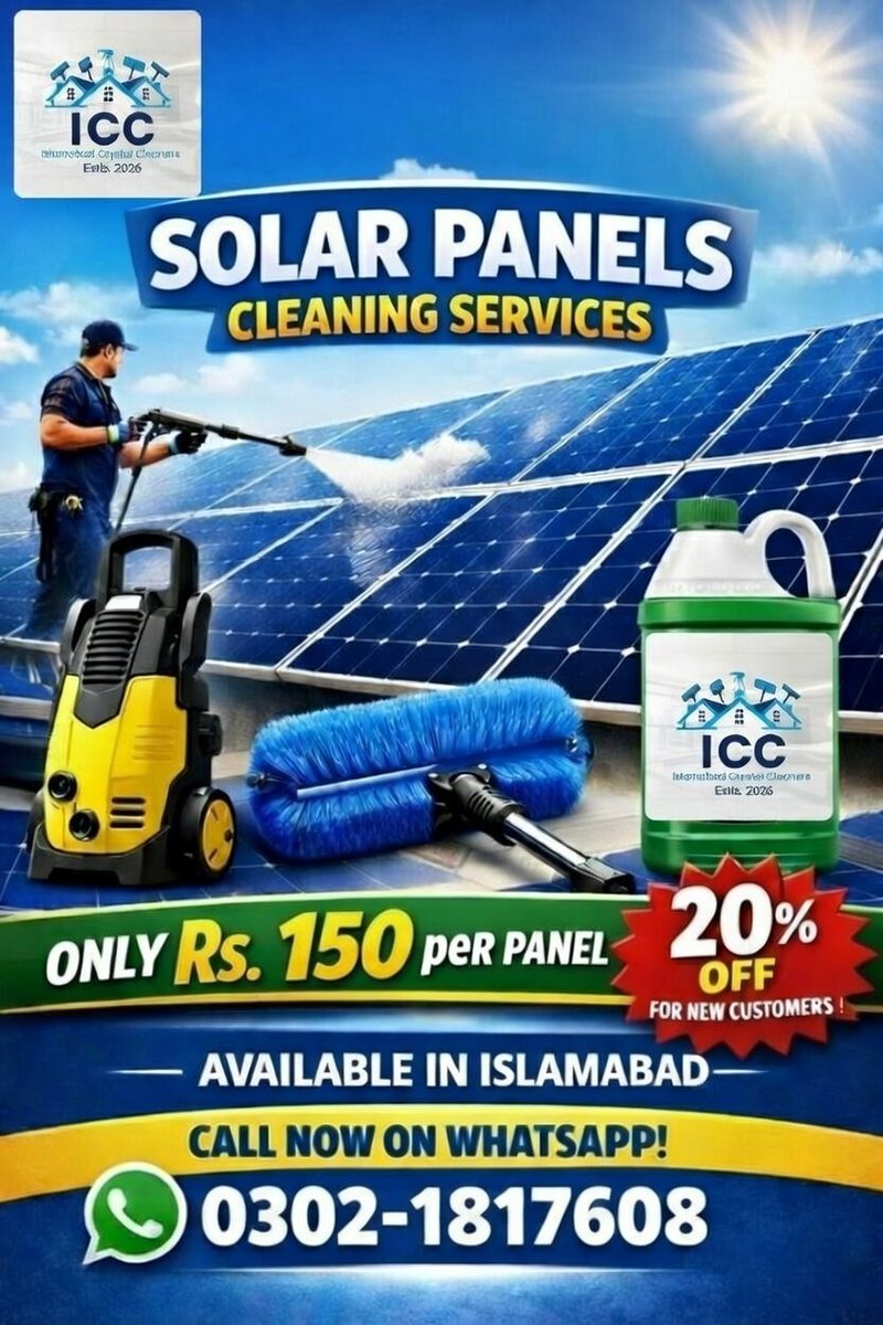 fatima_rani1's tweet photo. Trust ICC: WHO & Pak-EPA compliant cleaning with certificates!
Boost solar output safely @ Rs. 150/panel
+20% OFF new customers
WhatsApp now: 0302-1817608
#PakEPA #WHOStandards #IslamabadCleaning https://t.co/idcnAH6oyl