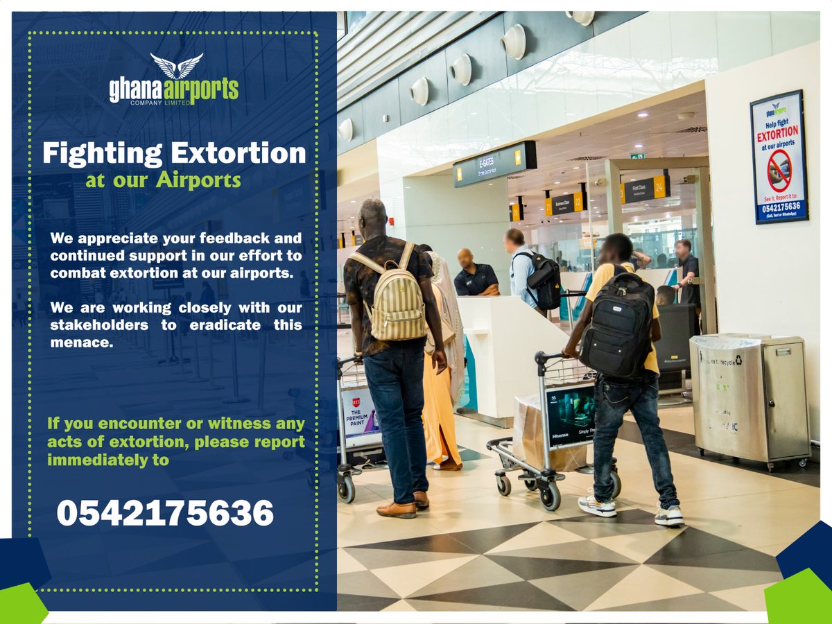 gh_airports's tweet image. We are resolute in our fight against extortion at our airports.

#GACL
#KIA
#PIA
#TIA
#WAAirport
#SunyaniAirport
#HoAirport