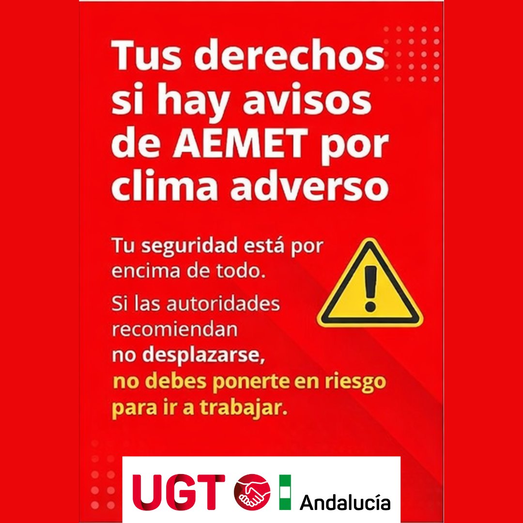 UGT_Andalucia's tweet photo. 🌧️⚠️ Si #AEMET recomienda no desplazarse, no estás obligado/a a ponerte en riesgo para ir a trabajar.

📌 El art. 37.3 g) del Estatuto de los Trabajadores reconoce hasta 4 días de permiso retribuido en estas situaciones.

Tu seguridad, lo primero.
#UGTAndalucía #DerechosLaborales #Prevención