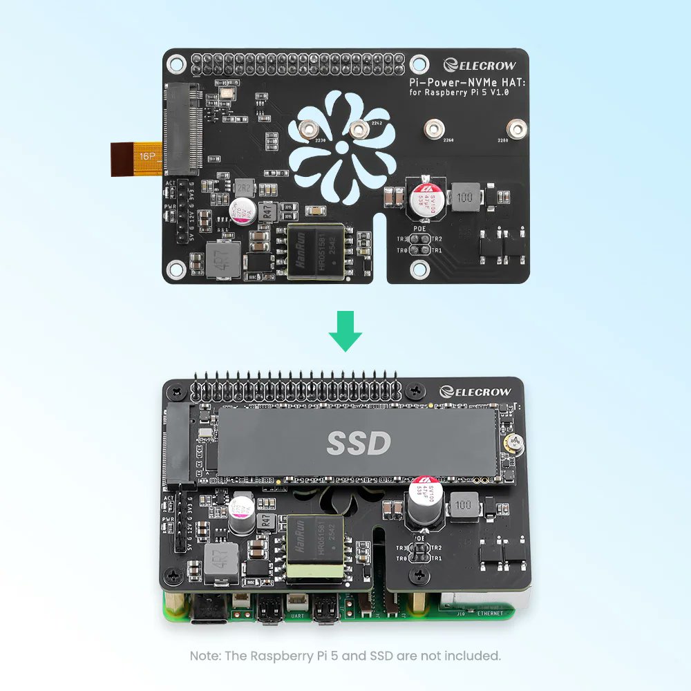 📢 #NewArrival Alert: Explore #Elecrow's Latest Product Here👋🏻
⭐ Introducing the Pi Power M.2 NVMe &amp; PoE+ Hat for #RaspberryPi5, Support M.2 NVMe SSDs 2230/2242/2260/2280. 
elecrow.com/pi-power-m-2-n…
✅ Single-Cable Power Supply
✅ High-Speed Storage
✅ Powerful Output
✅