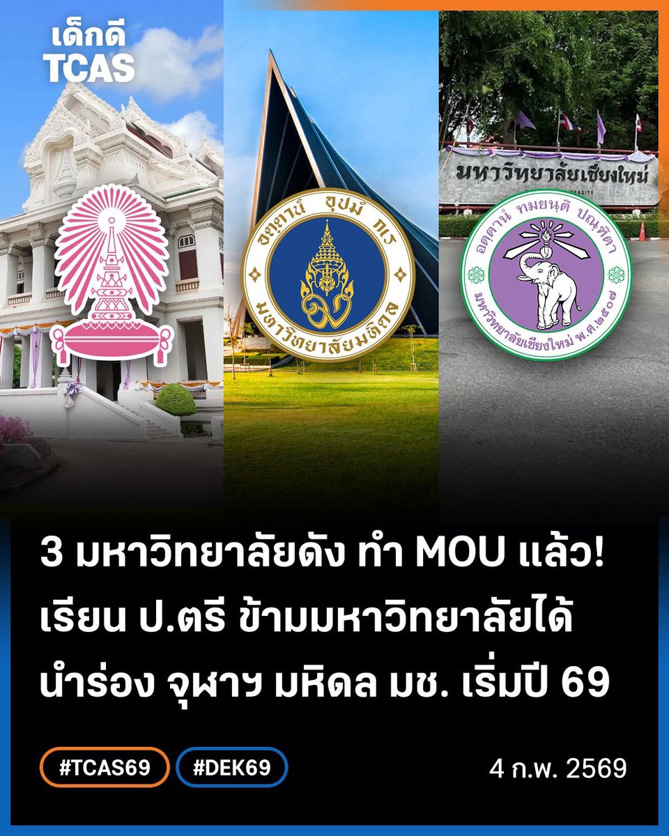dekdtcas's tweet image. 3 มหาวิทยาลัยดัง ทำ MOU แล้ว!
เรียน ป.ตรี ข้ามมหาวิทยาลัยได้
นำร่อง จุฬาฯ มหิดล มช. เริ่มปี 69
.
เรียบเรียงโดย พี่ๆ สำนักข่าว เด็กดี TCAS
.
🟢ล่าสุด! มีข่าวดีจาก 3 มหาวิทยาลัยชั้นนำของประเทศไทยที่ร่วมมือกัน เปิดโอกาสให้นิสิต-นักศึกษาของแต่ละที่ได้เรียนปริญญาตรีแบบข้ามมหาวิทยาลัย…