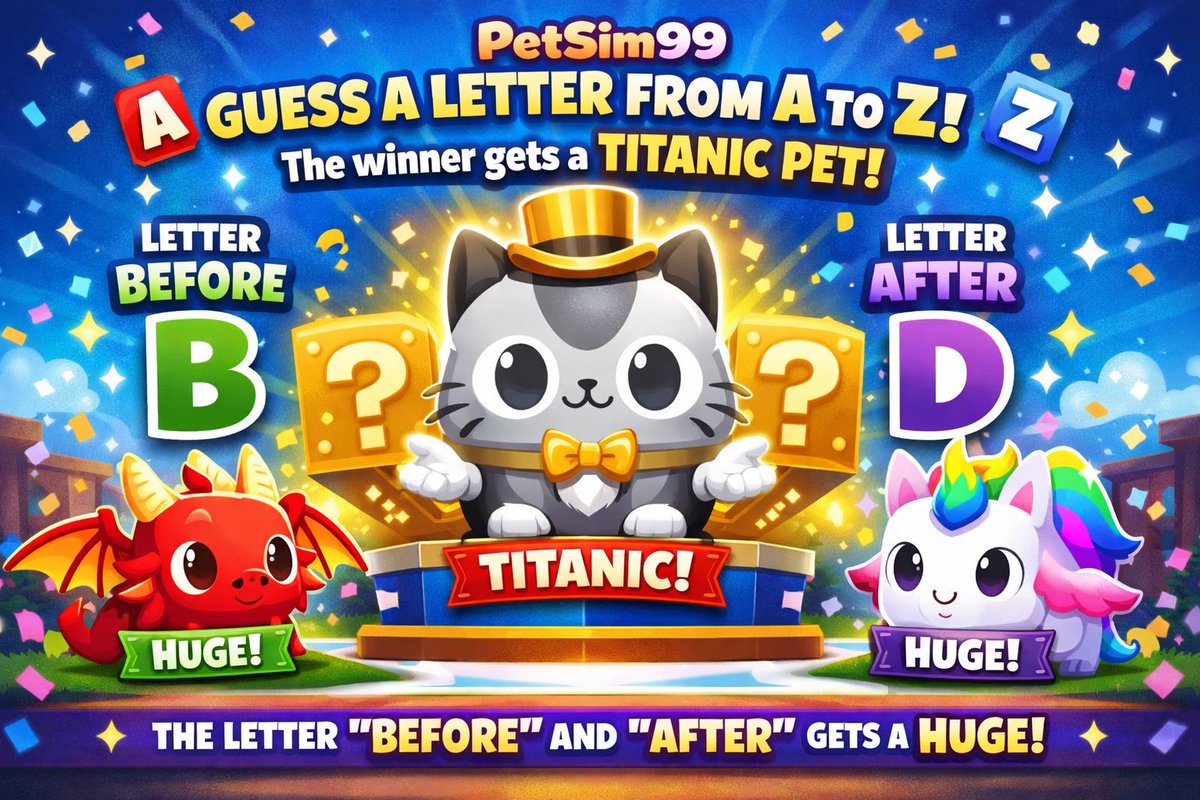 🎉 GUESS &amp; WIN 🎉
Guess a letter from A–Z 🔤

🏆 Correct letter = TITANIC PET
🐾 Letter before &amp; after = HUGE

To enter:
✅ Like ❤️
🔁 Retweet
➕ Follow
👥 Tag a friend
💬 Guess ONE letter &amp; post your username

⚠️ 1 rule not followed = DISQUALIFIED

Good luck! 🍀🔥
#Giveaway