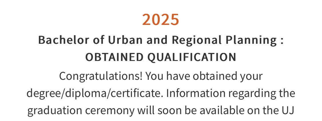 ShantelNzima's tweet image. Took me 10, 10… 10 holy years. An entire decade. There’s nothing you can tell me about resilience and commitment that I don’t already know. 

Please hire me also, or patronise my town planning services, I’ve got 5 years experience in the field. 

Thank you in advance.