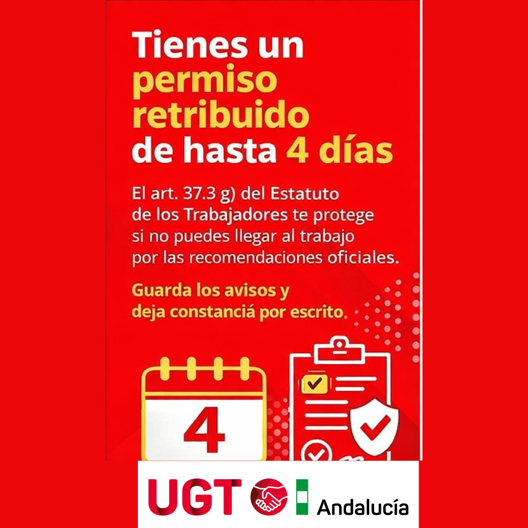 UGT_Andalucia's tweet photo. 📌 Tienes hasta 4 días de permiso retribuido si no puedes acudir al trabajo por las recomendaciones oficiales.

Lo recoge el art. 37.3 g) del Estatuto de los Trabajadores.

#UGTAndalucía #DerechosLaborales https://t.co/gg7MYWY4aq