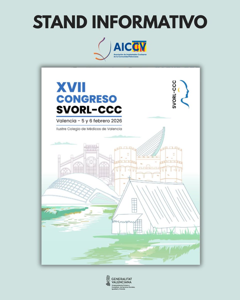 AICCV_IC's tweet photo. Los próximos 5 y 6 de febrero, estaremos en el Ilustre Colegio d Médicos de Valencia durante la celebración de la SVORL con un stand informativo.

¡Nos vemos en unos días!

#implantecoclear #perdidaauditiva #valencia https://t.co/lt1zrm1C6K