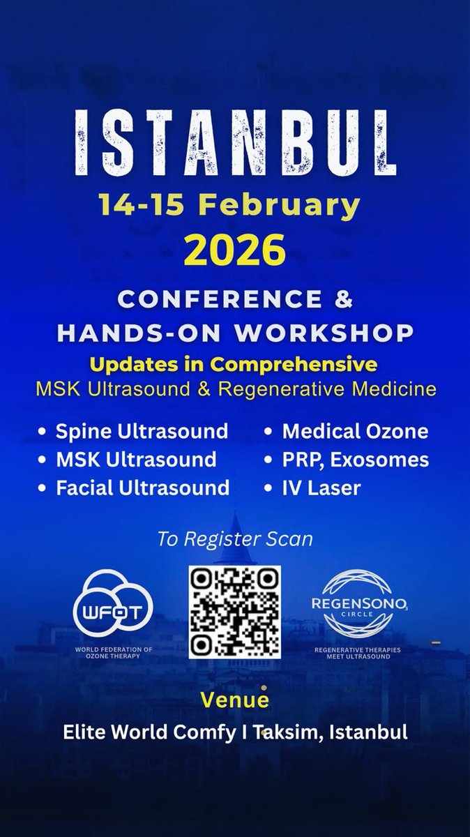 MSK Ultrasound &amp; Regenerative Medicine Workshop
📍Istanbul · 14-15 Feb 2026  
📌 Spine · MSK · Facial US · Ozone · PRP · Exosomes  
👨‍⚕️ Hands-on training · Global experts  
🔗 Scan QR to register  

#MSKUltrasound #RegenerativeMedicine #Istanbul #MedicalWorkshop