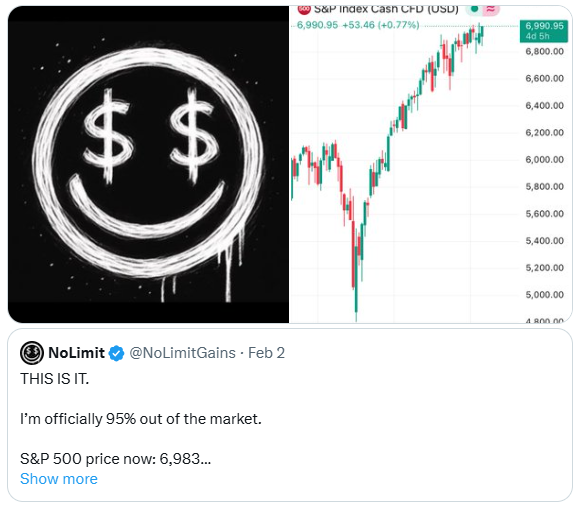 88millones's tweet photo. El inversor multimillonario conocido como “NoLimit” dice estar un 95% fuera del mercado.

Una señal que muchos siguen de cerca tras haber acertado tres veces consecutivas los cambios del mercado en el pasado.

¿Volverá a tener razón por cuarta vez o esta vez el mercado lo sorprenderá? 👀📉