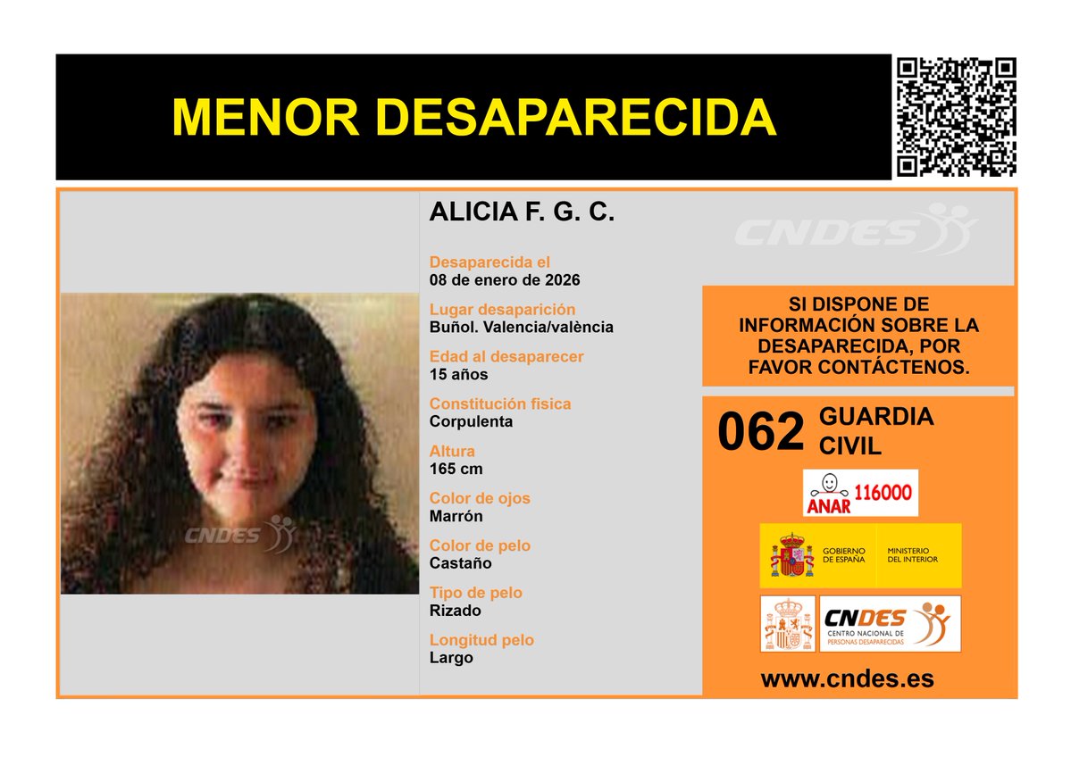 ⚠️🚺MENOR DESAPARECIDA🚺⚠️
Edad  15 años
🧐Última localización #Buñol #Valencia
Ayúdanos➡️comparte 📲
Si crees haberla visto 📩cndes-web.ses.mir.es/publico/Desapa…
📞062@guardiacivil
☎️116000 ANAR
<a href="/cndes_oficial/">CNDES</a> #menor #desaparecida