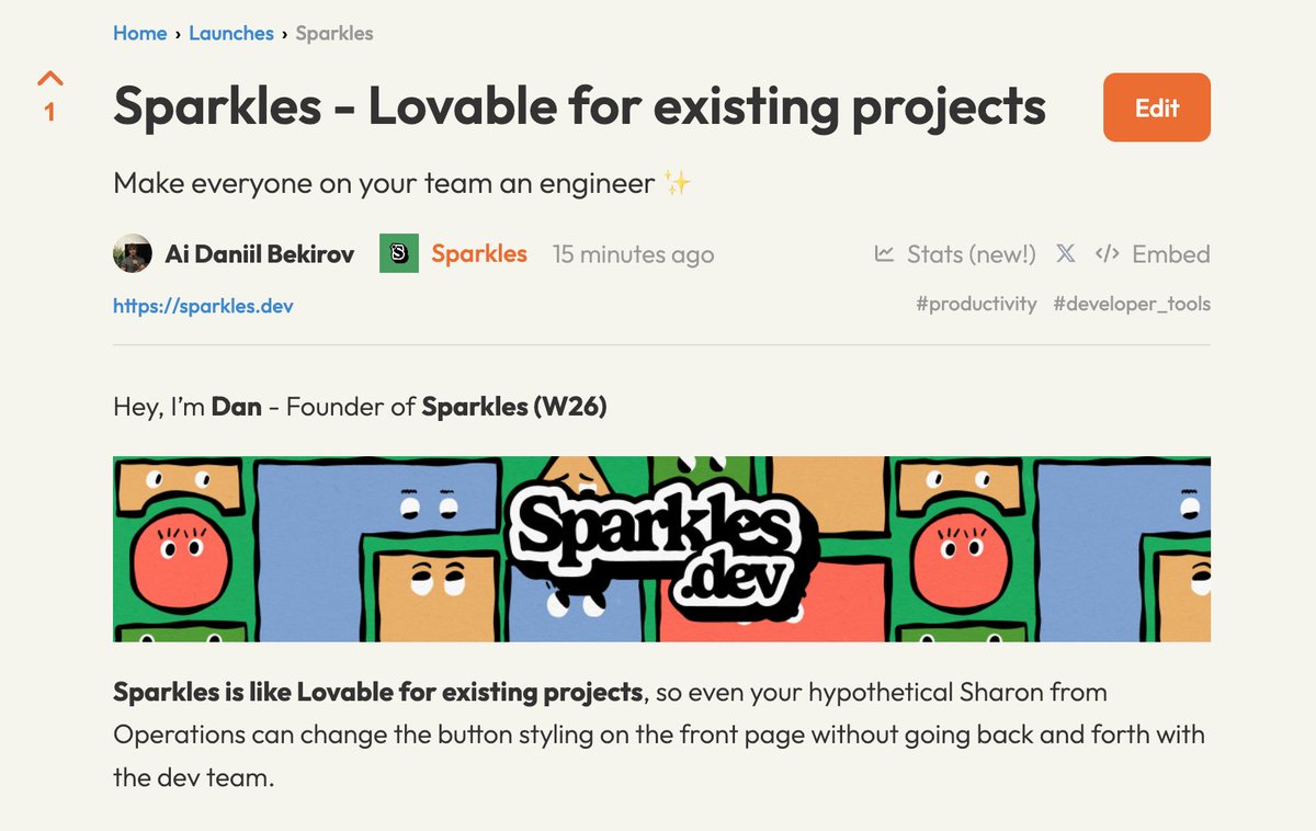 <a href="/Sparklesdotdev/">Sparkles ✨</a> is live on <a href="/ycombinator/">Y Combinator</a> !

Every upvote counts ✨

Link below