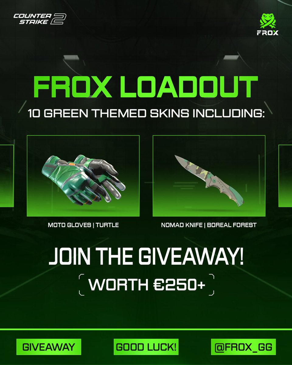 FROX_gg's tweet image. 🎁GIVEAWAY🎁

Was könnte schöner sein als ein ganzes Loadout im FROX-Style?🐸

- Follow♥️ + Retweet♻️
- Follow twitch.tv/syncD👨‍🦲
- Tag 2 friends👯

Auslosung am 18. Feb🎉
Gewinner wird hier verkündet und per DM kontaktiert💬

#CS2 #CS2Skins #CS2Giveaway