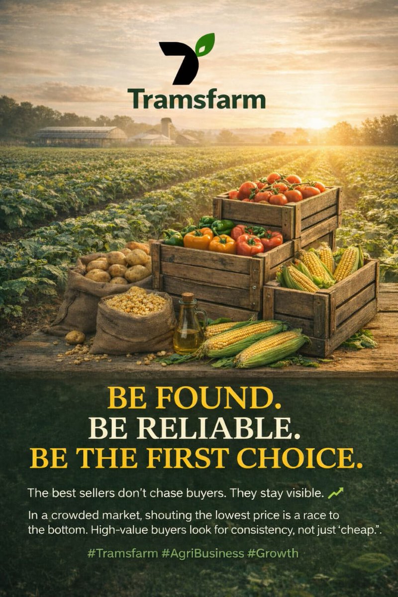 The best sellers don’t chase buyers. They stay visible. 
In a crowded market, shouting the lowest price is a race to the bottom. High-value buyers look for consistency, not just "cheap."
Be found. Be reliable. Be the first choice. 🤝
#Tramsfarm #AgriBusiness #Growth