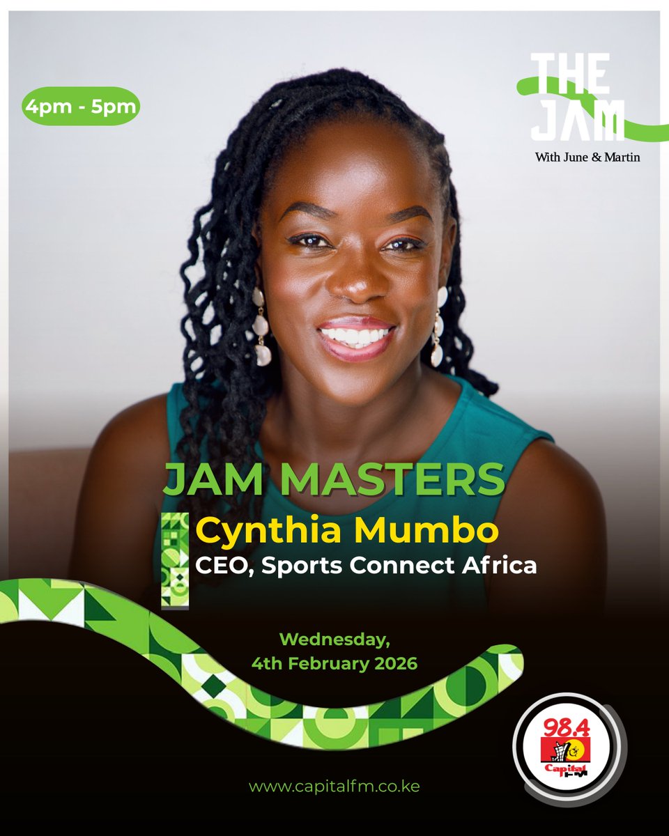 CapitalFMKenya's tweet photo. #JamMasters Guest today is Cynthia Mumbo, CEO Sports Connect Africa. Don't miss it @CynMumbo,@Palloti76,@june https://t.co/3y5TggKFPZ