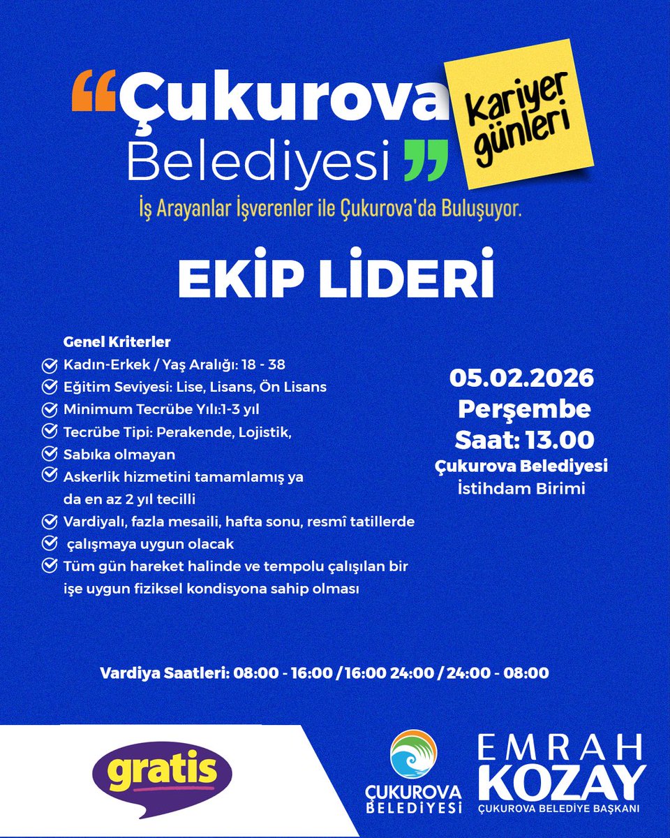 emrahkozay01's tweet image. Çukurova’da istihdam köprüleri kurmaya devam ediyoruz.

Çukurova Belediyesi Kariyer Günleri kapsamında, Gratis bünyesinde görevlendirilmek üzere Ekip Lideri pozisyonu için personel alımı gerçekleştirilecektir.

🗓 5 Şubat Perşembe
⏰ Saat: 13.00
📍 Çukurova Belediyesi İstihdam…