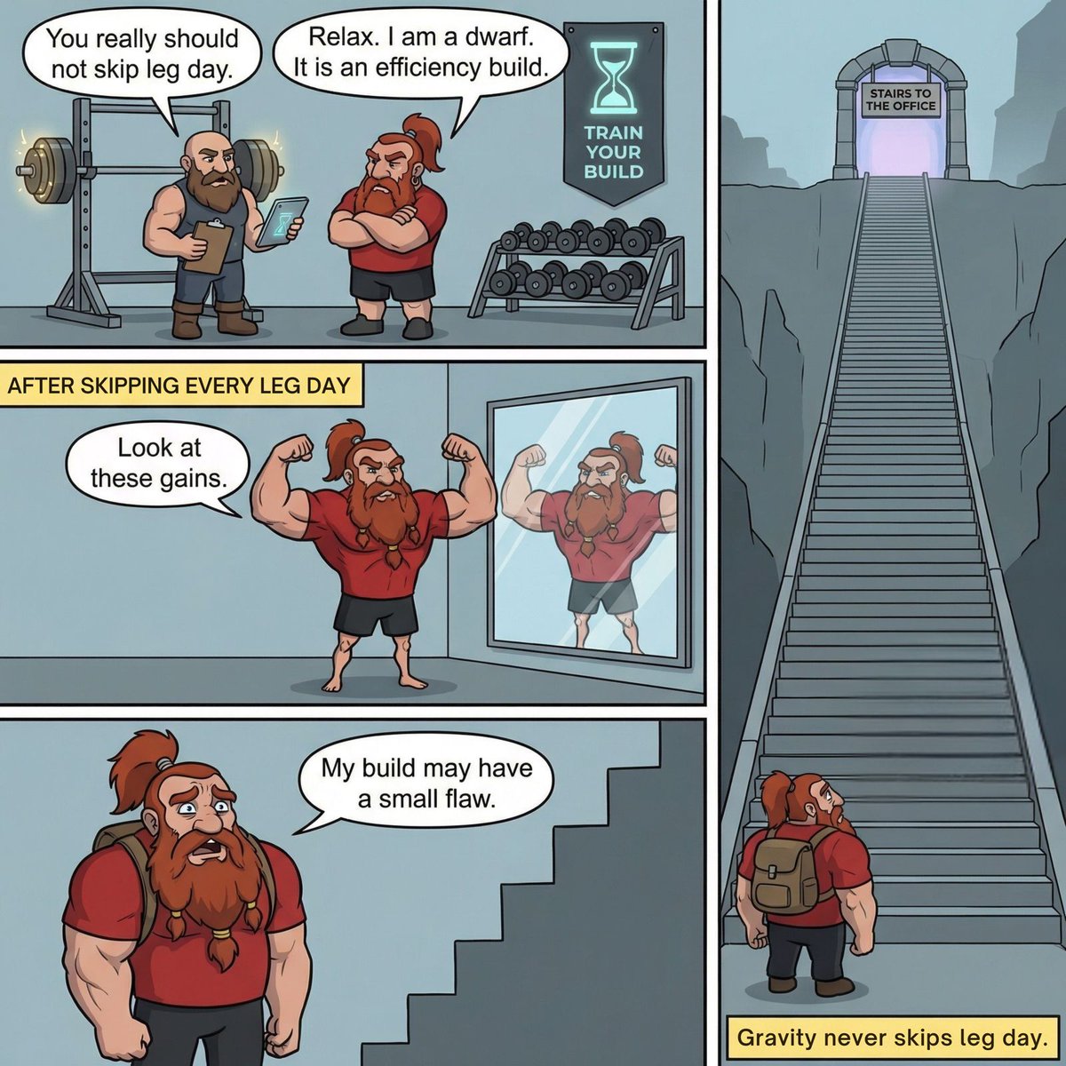 hourglassworld's tweet photo. Skip leg day long enough and the world spawns stairs as a boss fight.
#GymHumor #DoNotSkipLegDay https://t.co/UcI6SRaxno