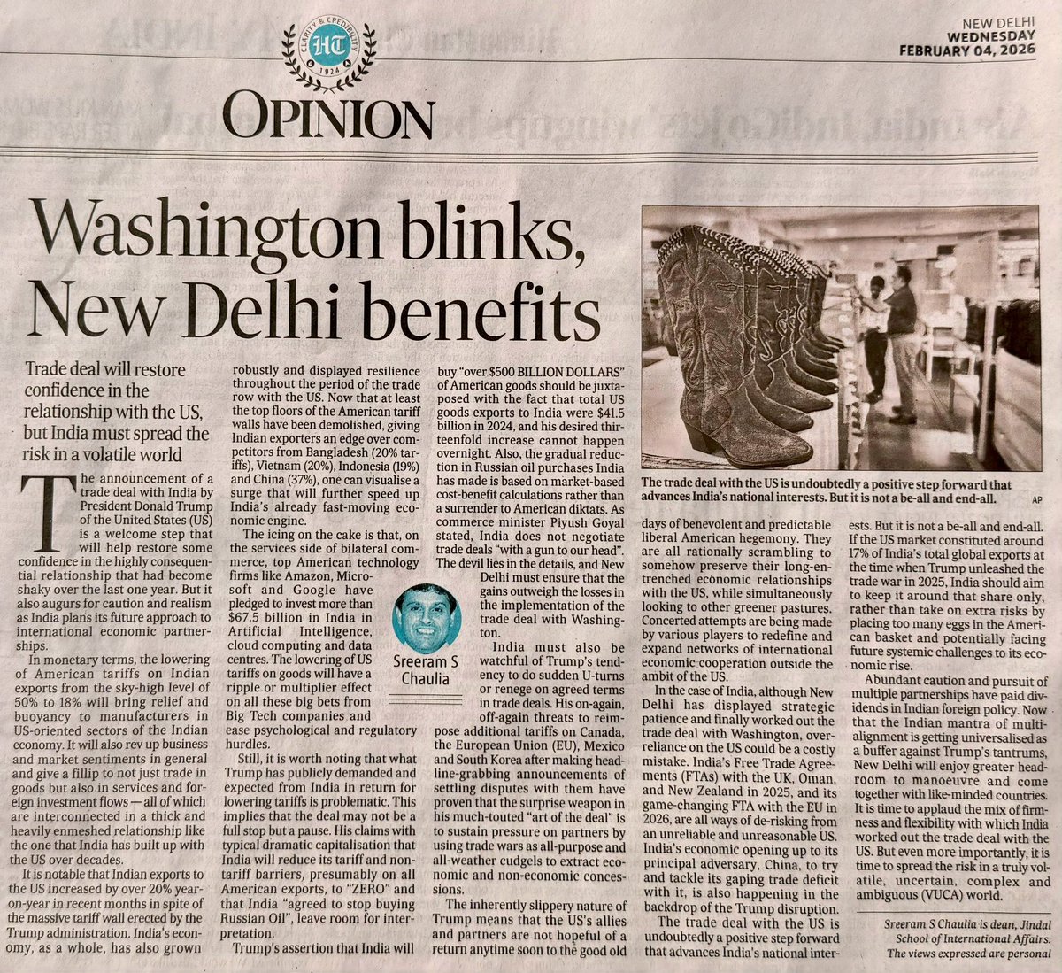 sreeramchaulia's tweet photo. The #TradeDeal with the #USA is a win for #India on many counts. But it is still a Volatile, Uncertain, Complex and Ambiguous (#VUCA) world, and India should continue pursuing its successful #ForeignPolicy that is based on #Diversification and #MultiAlignment. Do read my lead column in Hindustan Times and share your thoughts.

🗞️ https://t.co/PmEedAEGEO