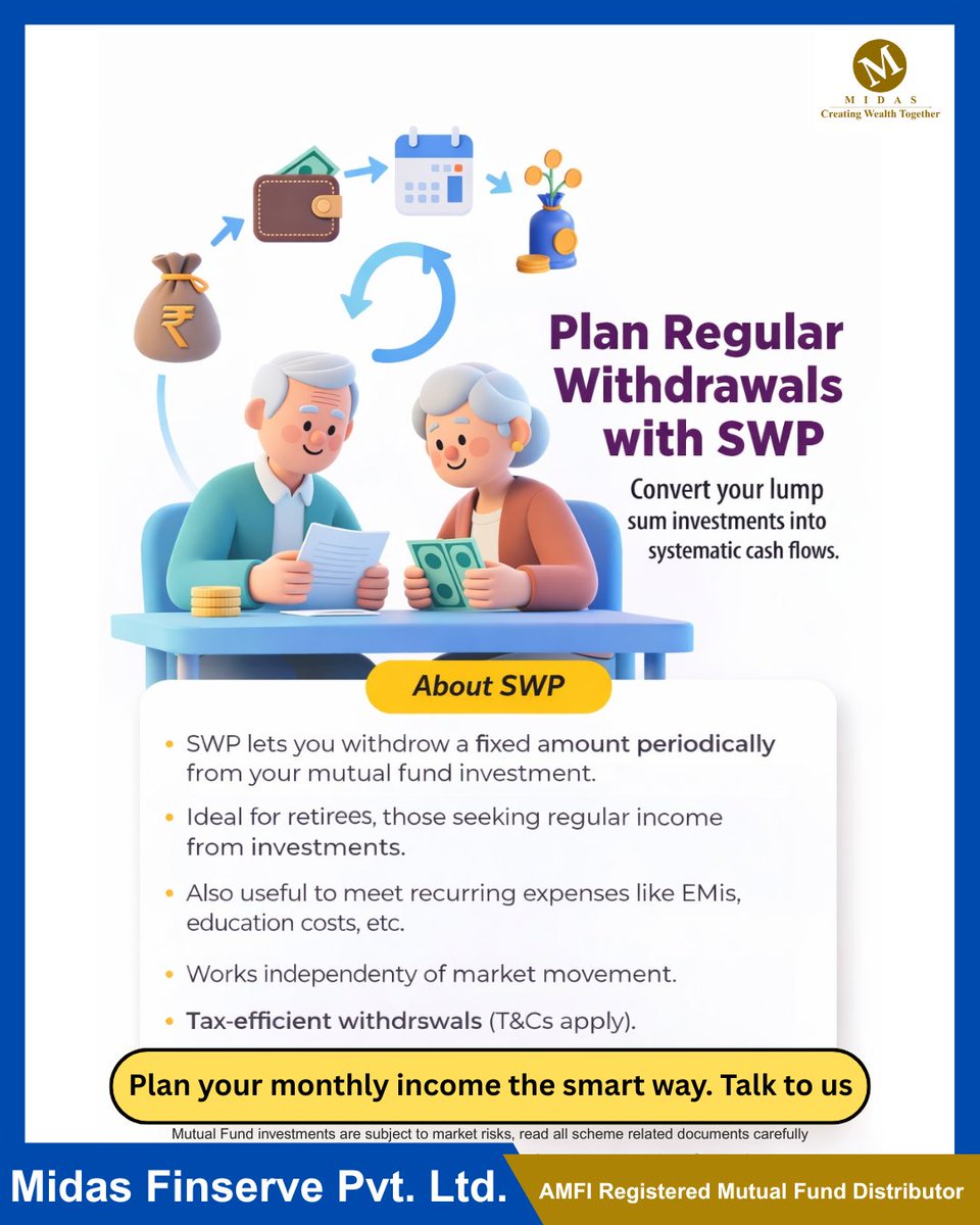 midasfinserve's tweet image. Turn your investments into a steady monthly income with SWP.
Stay invested, withdraw smartly, and manage cash flows with ease.

DM us to know if SWP is right for you.

#SWP #RegularIncome #SmartInvesting #MutualFunds #WealthPlanning