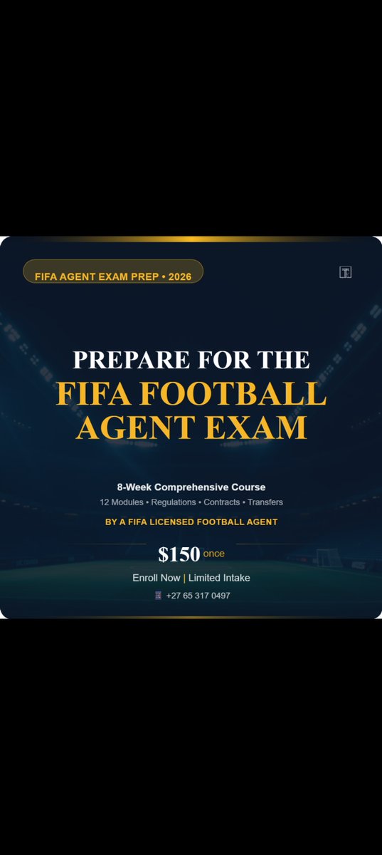 ezequiel_tri87's tweet image. Preparing for the FIFA Agent exam is more than studying regulations.
It’s understanding how to properly protect players, clubs, and the integrity of the game.

The work behind the scenes matters.

#FIFAAgent #FootballLaw #PlayerRepresentation #TriSportsAgency