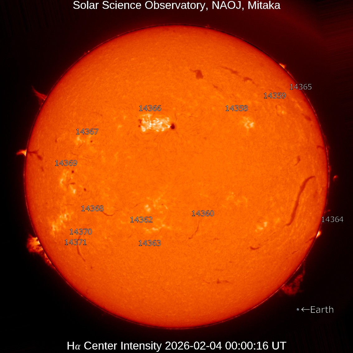 太陽分割 本日の太陽】2016-2-4のHα線全面像 活動領域14366は黒点群が東西に