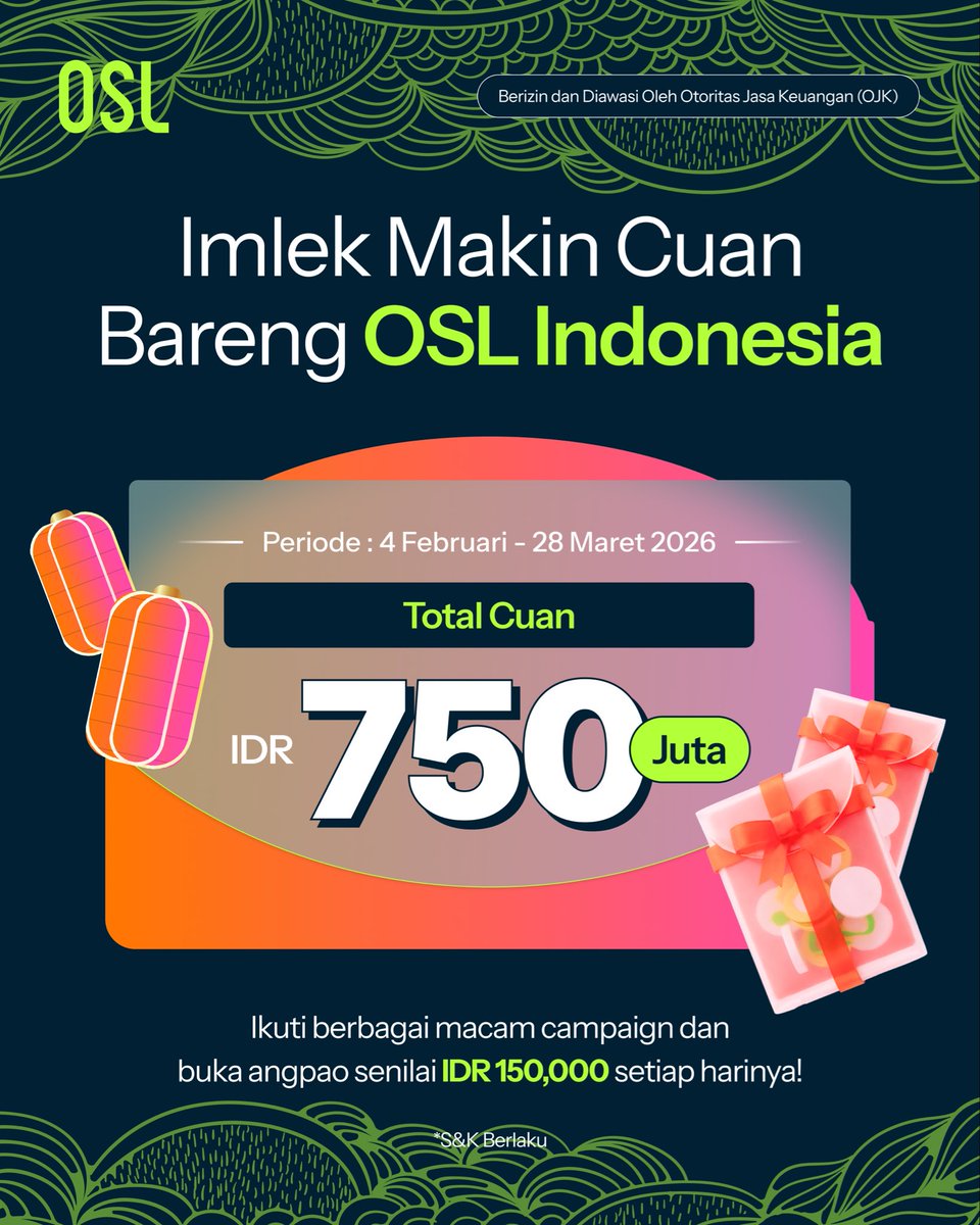 🧧OSL Indonesia Bagi-bagi Angpao Setiap Hari! Total Cuan hingga 750 JUTA RUPIAH!!!🧧

Detailnya, Cek Link berikut👇🏻
koinsayang.com/en/announcemen… 

Rayakan Imlek dengan cuan bareng OSL Indonesia.
Sepanjang Februari, kamu punya kesempatan dapetin Angpao setiap hari lewat aktivitas