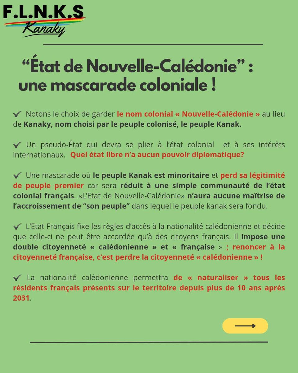 [NON À LA RECOLONISATION DE KANAKY]

✔️ Le FLNKS rejette fermement cet accord de  Bougival et son complément Élysée- Oudinot imposés au peuple kanak.

✔️ Donc pour le FLNKS c’est NIET on vous explique pourquoi. 

#Kanakylivesmater #NonàBougival #FLNKS #Kanaky #Accord