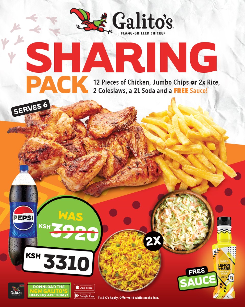 galitoske's tweet photo. Meals are better when shared! Our #SharingPack serves up 12 juicy #FlameGrilled chicken pieces, jumbo chips or 2 rice, 2 coleslaw, a 2L Pepsi and a FREE Galitoโs sauce, for Ksh 3,310! Available in-store and on delivery. Don't miss out on this amazing #BoldAfricanFlavour Deal! https://t.co/6gBnobaZbp