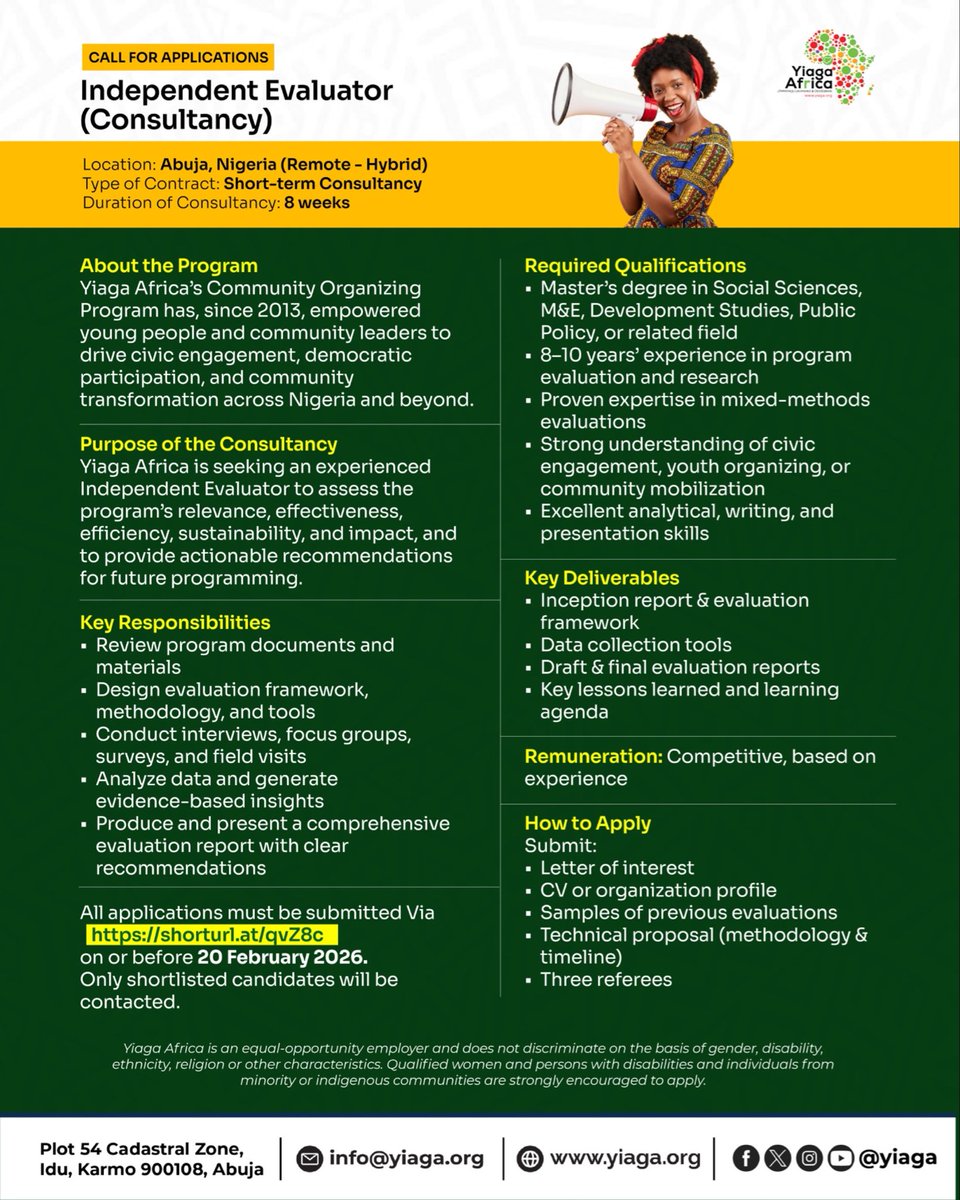Yiaga Africa is seeking an experienced Independent Evaluator to assess the relevance, effectiveness, efficiency, sustainability, and impact of our Community Organising Programme!

Apply if ou're the right person for this role or share to someone who is 👉 shorturl.at/qvZ8c