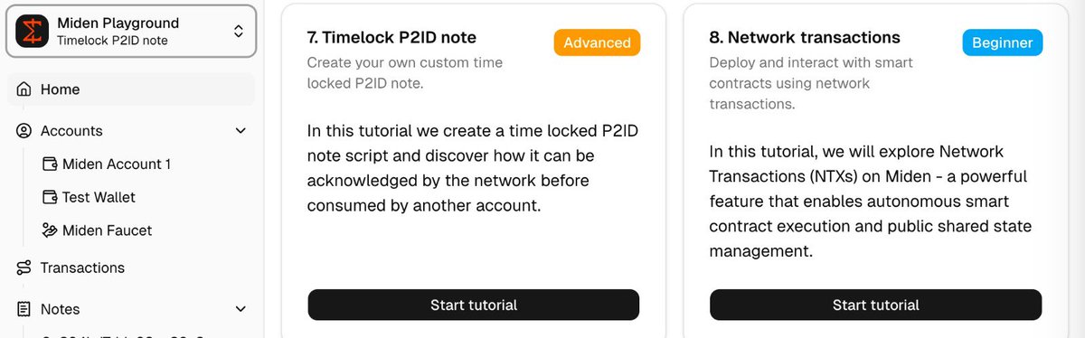 Continuation of <a href="/0xMiden/">Miden</a> playground testnet 

Tutorial 7 

We will create a Timelock P2ID note on Miden

Here is how to navigate 
Visit the Miden playground 
- Click on tutorial 7 which is the “Timelock P2ID note” 
- Click on “Create new script”  
- Name your script any name of