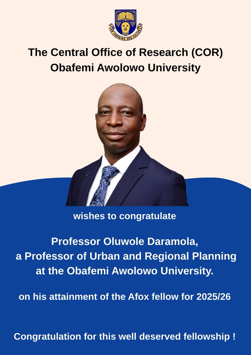 oau_cor's tweet photo. On behalf of the entire community of OAU, we extend our heartfelt congratulations to Professor Oluwole Daramola on his emergence as an AfOx Fellow for the 2025/2026 academic year.
We warmly celebrate this remarkable achievement and commend Professor Daramola.
#research #afox https://t.co/MEoukVfzUH