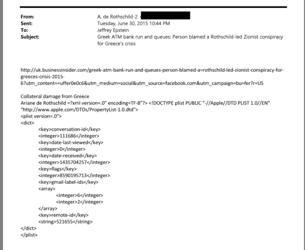 JemappelleEve's tweet image. From the Epstein files.Another email from Ariadne Rothschild to Epstein discussing the capital controls and the atm bank queuing in Greece in 2015. Subject :person blames a Rothschild led Zionist conspiracy for Greece’s crisis. She doesn’t deny it.she calls it “collateral damage”