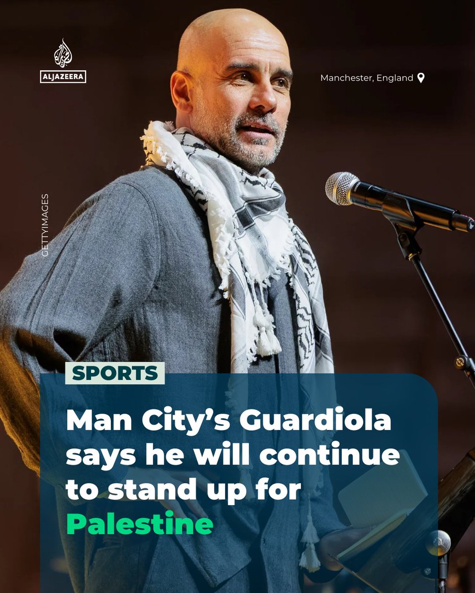 AJEnglish's tweet image. Man City’s Pep Guardiola has again voiced his support for the people of Palestine, saying he will continue to speak out on Israel’s genocidal war on Gaza to help bring justice and peace aje.news/0rcaa8