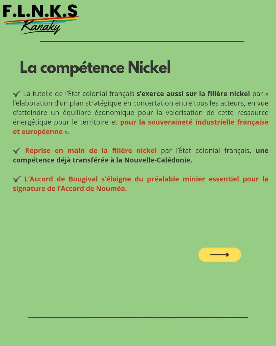[NON À LA RECOLONISATION DE KANAKY]

✔️ Le FLNKS rejette fermement cet accord de  Bougival et son complément Élysée- Oudinot imposés au peuple kanak.

✔️ Donc pour le FLNKS c’est NIET on vous explique pourquoi. 

#Kanakylivesmater #NonàBougival #FLNKS #Kanaky #Accord