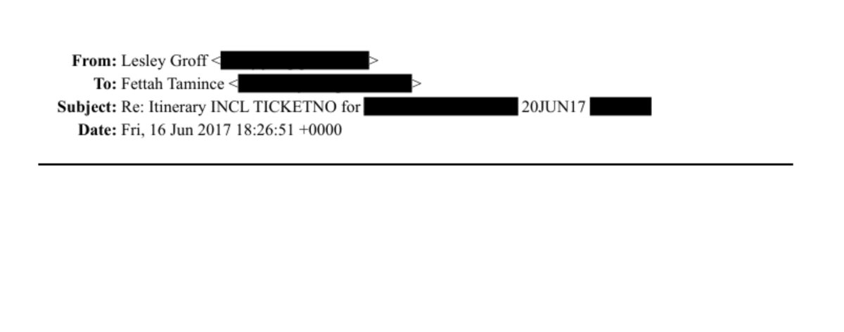 Fettah Tamince doğru söylemiyor. Epstein'in kıdemli asistanlarından Lesley Groff, Tamince'nin asistanı yanıt verdikten sonra da otele gidecek kızların bilet bilgilerini doğrudan Fettah Tamince'ye gönderiyor.
