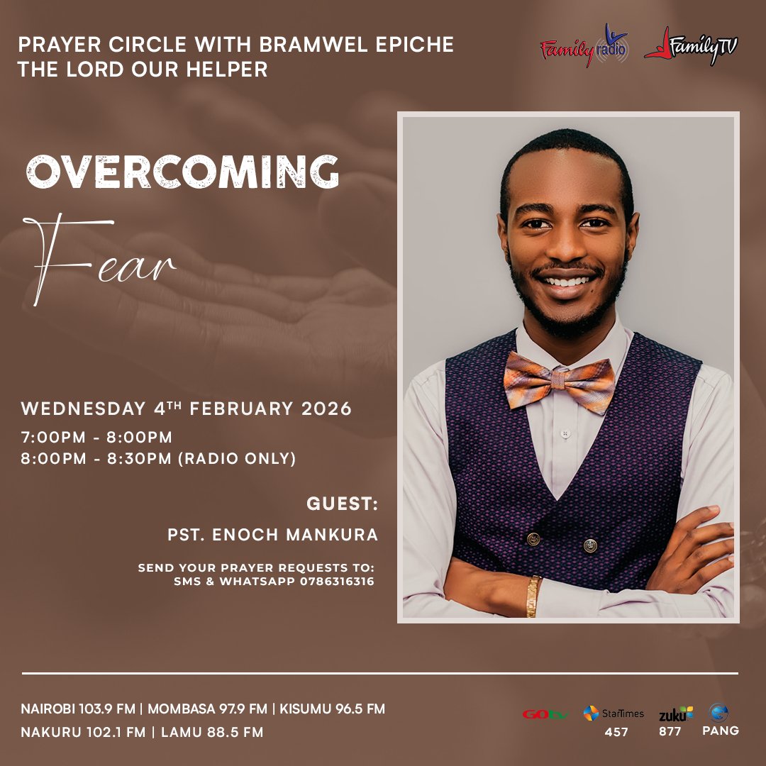 Join Bramwel Epiche and his guest for Prayer Circle tonight for an uplifting session.

Tune in from 7:00pm on Family TV, Family Radio and on YouTube Live for this conversation.

Don't Miss Out!

#PrayerCircle #FamilyMediaKE