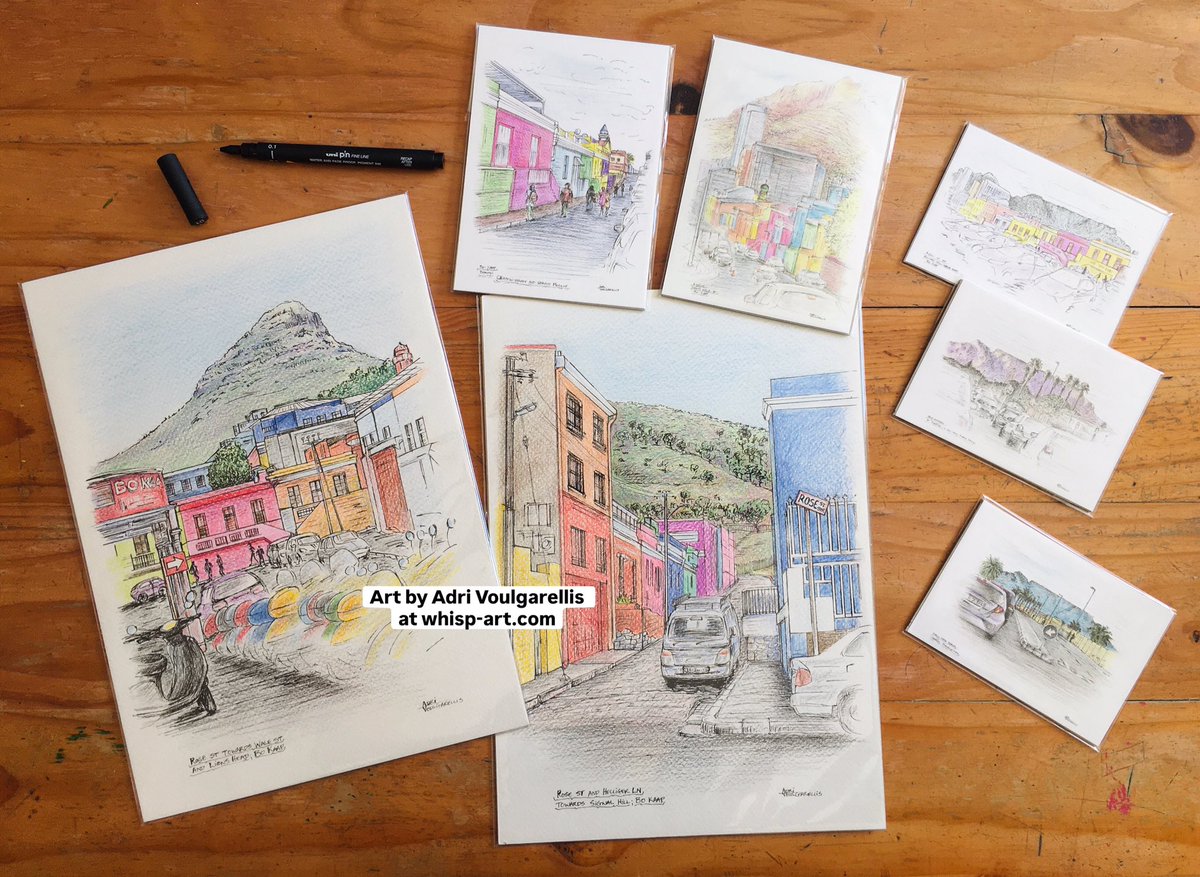 WHISPbyAdri's tweet photo. 2 x of my original drawings (ea size A4) &amp; cute mini prints (size A6 and smaller) available at #artgallery Studio 46 Bloubergstrand #CapeTown #landscape #art #cityscape 🖼🎁 #wednesday #artforsale #originalart #drawings #inkpen #colorpencils https://t.co/PWIWVAwKMz