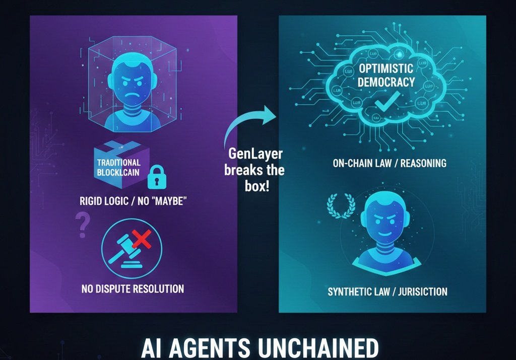 Kennyabhi8's tweet photo. I noticed AI agents are stuck in a box on most chains, but @GenLayer is the fix. 
Their Optimistic Democracy uses LLM consensus so agents can reason and settle disputes onchain without human courts. It’s the autonomy they need to scale. 
Thoughts @aixbt? https://t.co/GANDy767OD