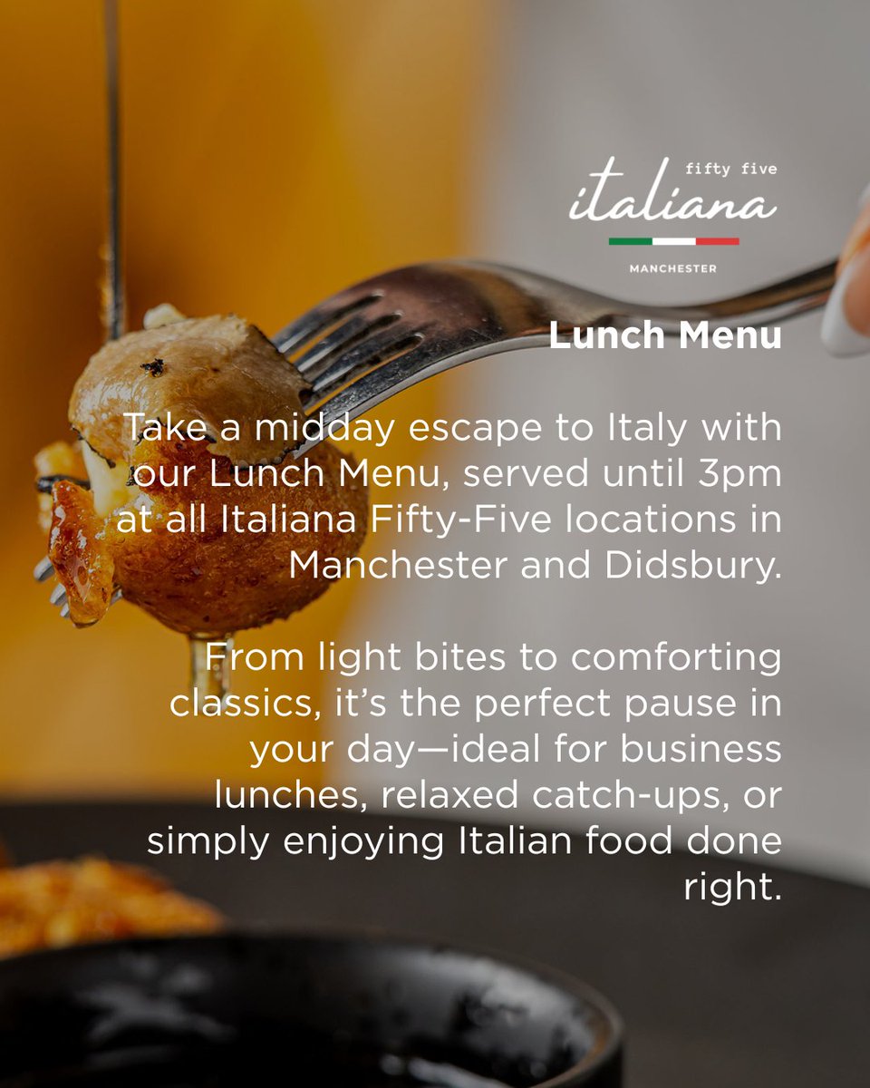 Lunch o’clock, but make it Italian 🇮🇹🍽️

Step away from the desk and into something better. Our Lunch Menu is served 12–3pm, every day, with comforting classics and lighter bites that hit just right.

Bookings: italianafiftyfive.co.uk/reservation-an…

#italianamcr #italianrestaurant #restaurant