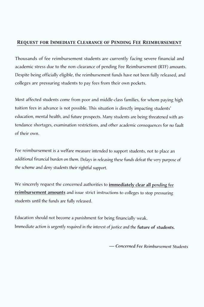 hamalesian19471's tweet photo. Humble request for fee reimbursement 
@AndhraPradeshCM @ncbn
@PawanKalyan @naralokesh @APGovt @SocialWelfareAP 
@EduMinOfIndia @PMOIndia
#FeeReimbursement #RTFPending #APStudents
#EducationForAll #SaveStudents
#JusticeForStudents #APEducation https://t.co/Ck9gu38fWv