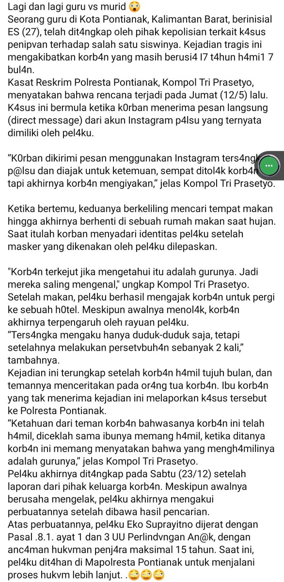 cryptoproject88's tweet photo. Lagi dan lagi guru vs murid 😲
Seorang guru di Kota Pontianak, Kalimantan Barat, berinisial ES (27), telah dit4ngkap oleh pihak kepolisian terkait k4sus penipvan terhadap salah satu siswinya. Kejadian tragis ini mengakibatkan korb4n yang masih berusi4 I7 t4hun h4mi1 7 bul4n. https://t.co/7PEGlvRLce