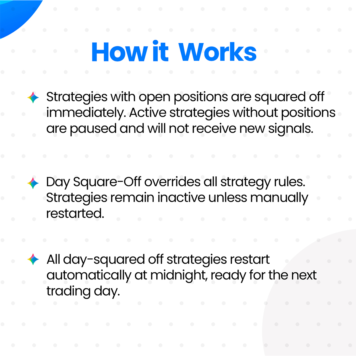 quantman1's tweet image. QuantMan's Day Square-Off feature closes all strategies daily, pausing signals and overriding rules for control. An auto-restart at midnight lets you begin fresh each morning, trading with discipline. Try it at quantman.trade.

#QuantMan #AlgoTrading #Feature
