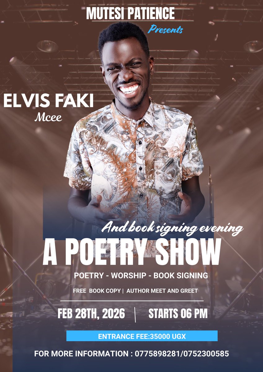 Meet the host of my book launch.

Elvis Faki is one of the outstanding comedians of our time in Uganda.

Tighten your buckles because he is sure going to make this evening count!

Date: 28th February, 2026
Time: 6pm
Fee: 35000 UGX
Venue: Namaste Kampala