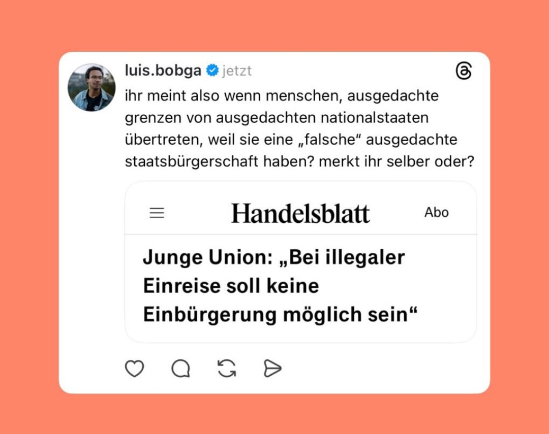 Wir sind an nem Punkt, an dem der Vorsitzende der Grünen Jugend souveräne Staaten und Staatsgrenzen als "ausgedacht" delegitimiert. Man kann Gesetze kritisieren, aber wer grundsätzliche staatliche Ordnung als willkürlich bezeichnet, der geht auch in Parteijugenden zu weit.