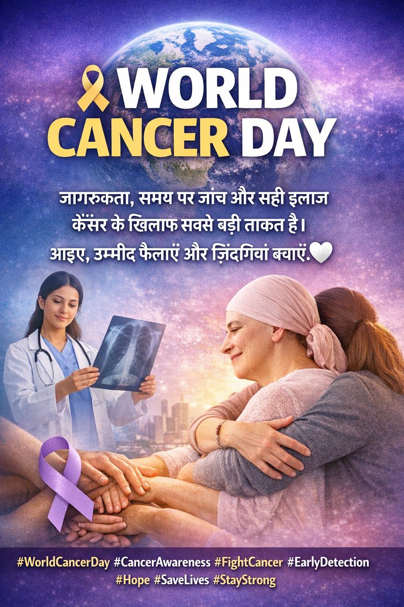 Hanumant06's tweet image. World Cancer Day
जागरूकता, समय पर जांच और सही इलाज
कैंसर के खिलाफ सबसे बड़ी ताकत है।

आइए, उम्मीद फैलाएँ और ज़िंदगियाँ बचाएँ..!!
#WorldCancerDay #CancerAwareness #FightCancer #EarlyDetection #Hope #SaveLives #StayStrong