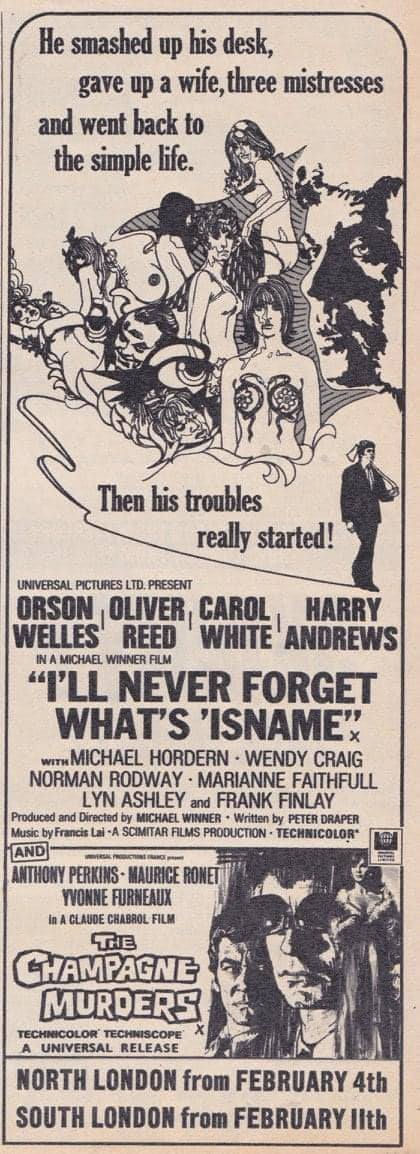 wilsongullis's tweet photo. Fifty-eight years ago today, North London cinema audiences would never forget What’s ‘Isname… #IllNeverForgetWhatsisName #1960s #film #films #MichaelWinner #OliverReed #OrsonWelles #CarolWhite #HarryAndrews #comedy https://t.co/2aQWws0NHz