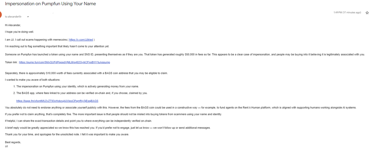 UPDATE: Emailed <a href="/AlexanderTw33ts/">Alex</a> About the situation.

Also, Need <a href="/finnbags/">FINN</a> <a href="/BagsApp/">BAGS</a> support to stop these scams.

5MxQUFdPisppdVfjitL6hs492GyikCFnsBWYtuAqpump

xfomtMU2vZT93xHobzuj4JVieoCPqmfNy3jEssjBAGS

Regards,
JJ