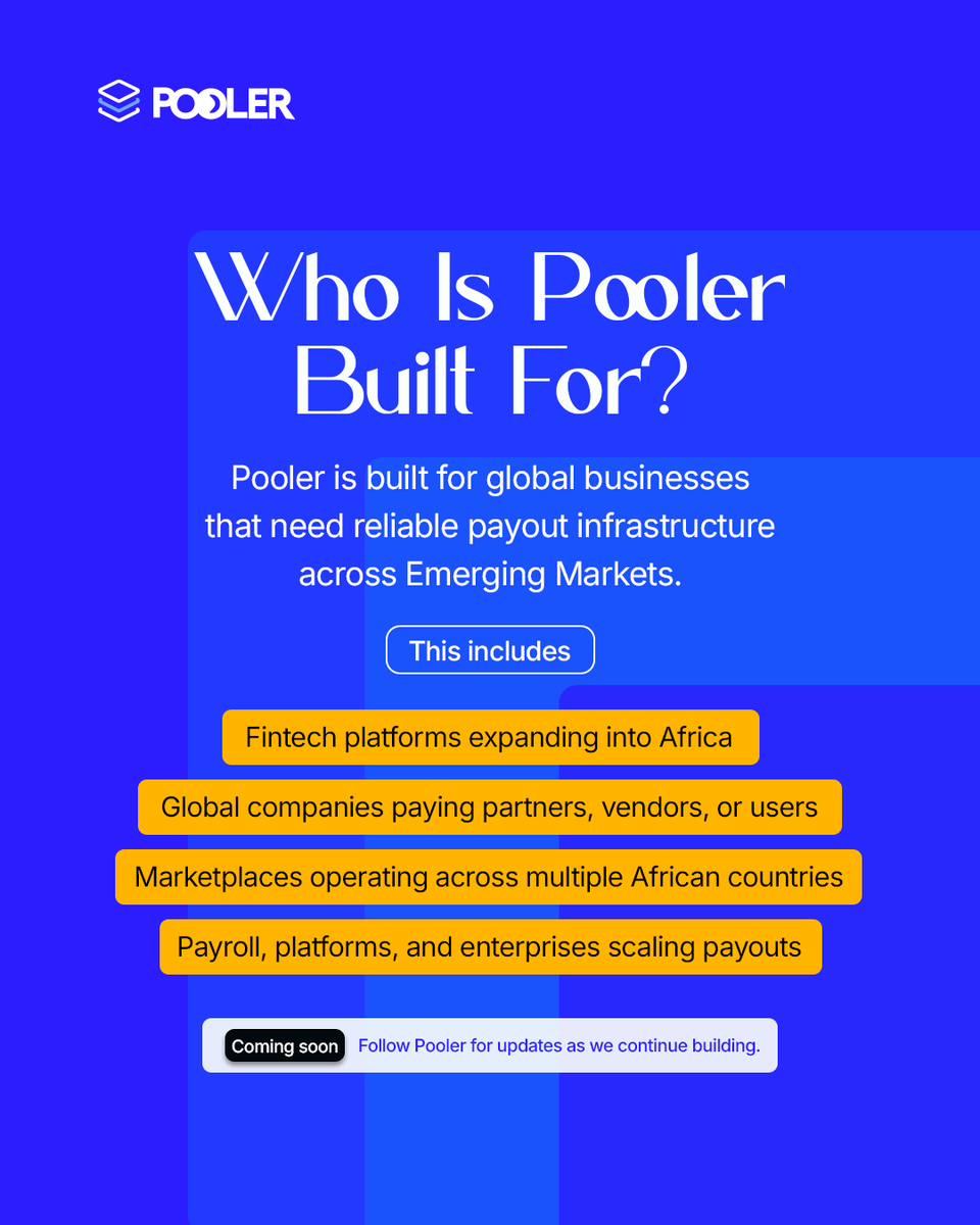 Poolerapp_'s tweet photo. Pooler is being built for global businesses operating across African markets, where reliable payout infrastructure matters.

Coming soon.

#Pooler #Africa #EmergingMarket #Infrastructure https://t.co/tq3HzJTn43