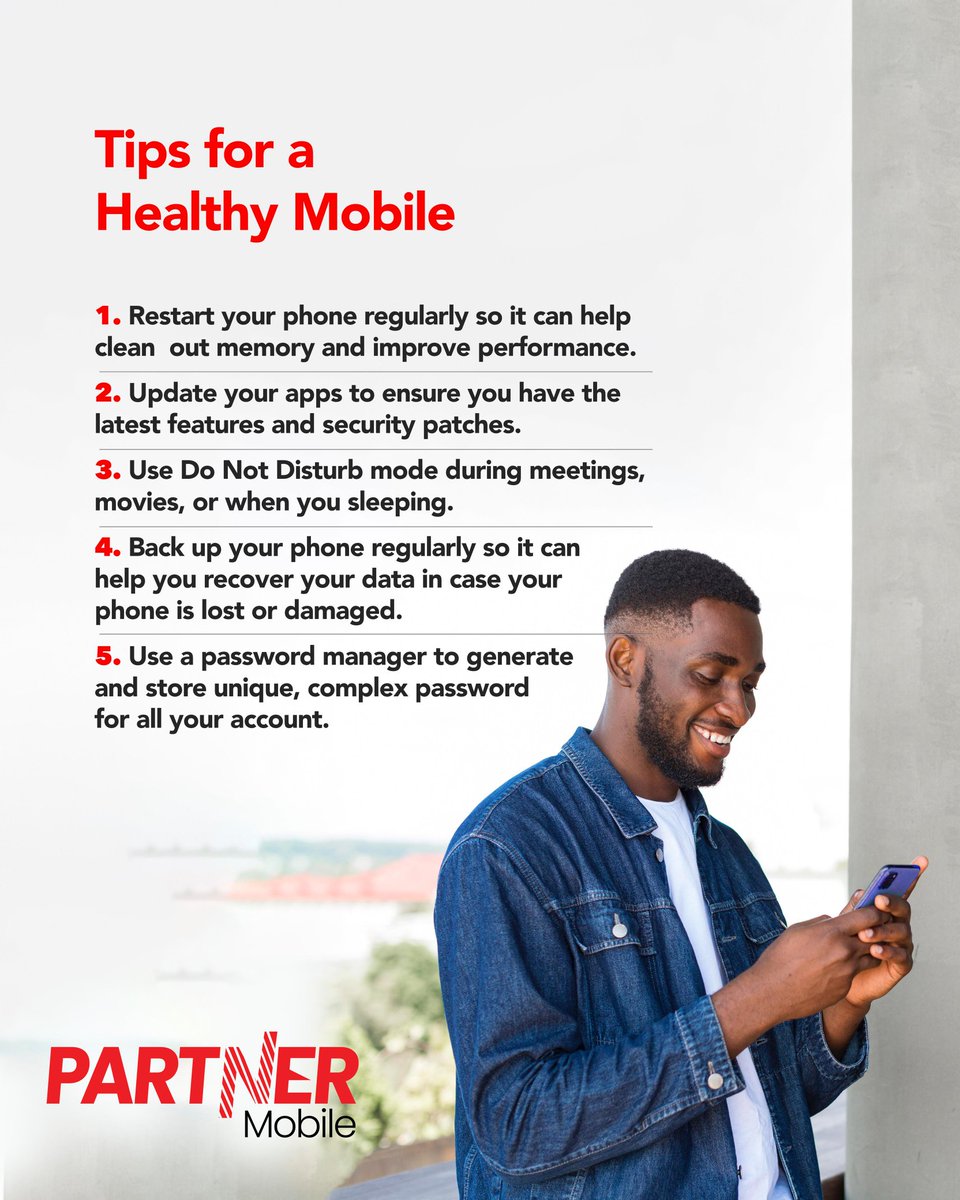 partnermobileng's tweet image. Your phone works hard for you, take care of it. From restarting regularly to backing up your data and keeping apps updated. Small habits can make the difference in performance and security. 

Contact us for quality mobile solutions. 

#partnermobile #phonetips #mobilecare