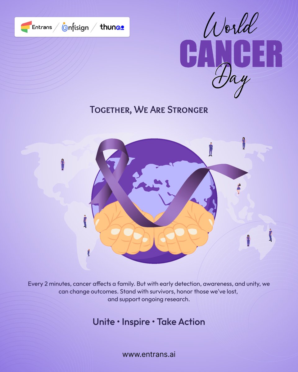 entranstech's tweet photo. Together, we are stronger. 💜 On this #WorldCancerDay, let’s unite for awareness, early detection, and hope. Support survivors, honor those lost, and strive for a cancer-free future. Unite. Inspire. Take Action. #TogetherWeAreStronger #CancerAwareness #Entrans #Infisign #Thunai https://t.co/neXPE7awVy