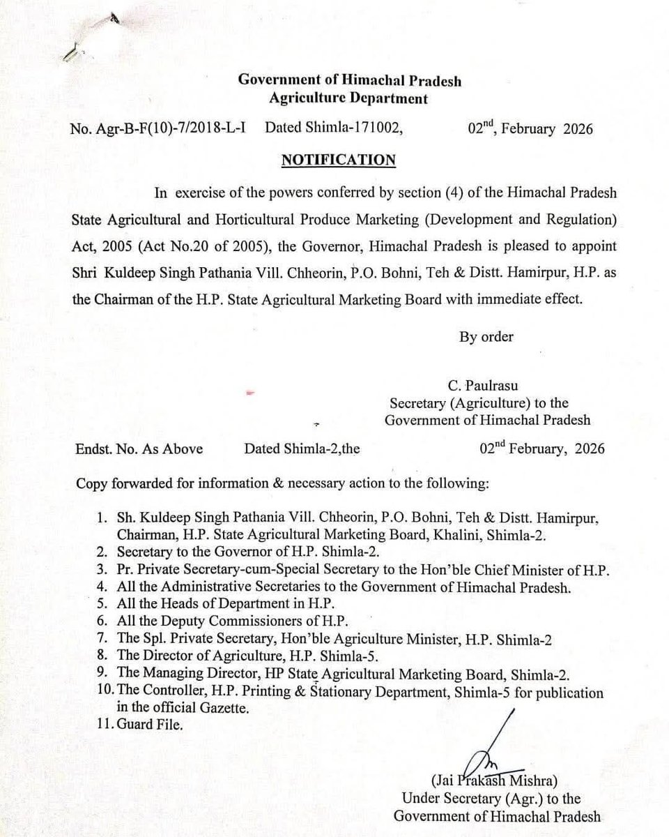hpsamb's tweet photo. Sh. Kuldeep Singh Pathania has taken the charge of Chairman HP State Agricultural Marketing Board on 04/02/2026 https://t.co/drC1rYUvzD