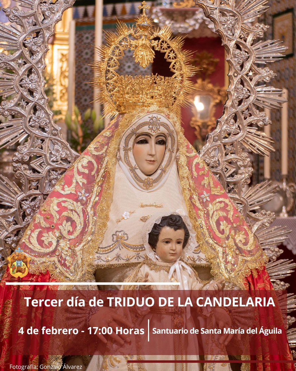 🔵 TERCER DÍA DE TRIDUO DE LA CANDELARIA

📅 Hoy, 4 de febrero
🕰️ 17:00 horas
⛪ Santuario de Santa María del Águila 

#VirgenDelÁguila #PatronaDeAlcalá